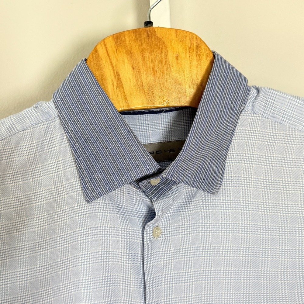 ETRO‎ Luxury Dress Shirt 46 Blue Textured Micro-Check Contrast Spread Collar - Picture 6 of 12